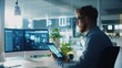 © aubriella - A mobile application designer prototyping UI, modern office with digital screens displaying app wireframes and prototypes in the background, High-tech style
