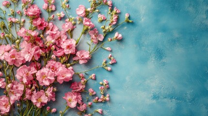 Poster - delicate pink blossoms gently cascading across a serene turquoise backdrop creating a tranquil and artistic floral arrangement with a touch of ethereal beauty