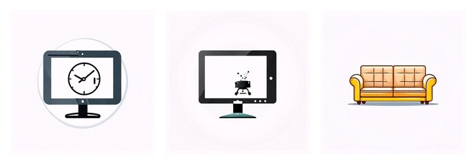 Poster - Three icons display against a white backdrop: a monitor with a clock face, another monitor with a grill, and a yellow sofa.