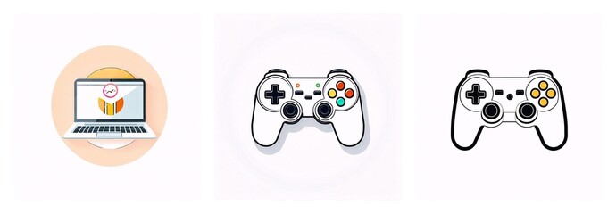 Poster - Three icons: laptop with a screen, white gamepad with colored buttons, and black gamepad. Gaming and technology concept.