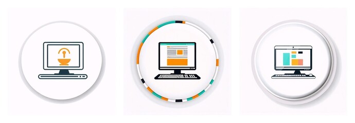 Poster - Three circle icons featuring computer screens.  Icons depict signal, webpage layout, and chart, representing technology and data presentation.