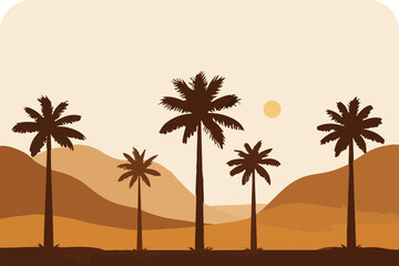 desert oasis: five palm trees stand tall against sandy hills, sun setting in a warm, arid landscape.