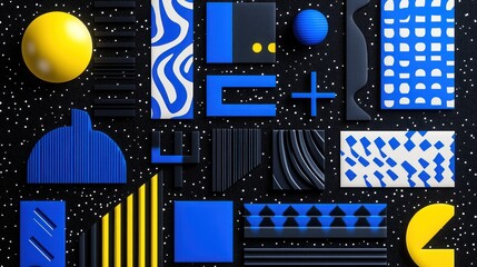 Poster - Abstract geometric shapes in blue, yellow & black on a dark background