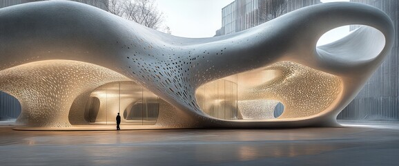 Poster - Fluid, white structure with internal lighting & perforations.  A single figure stands within