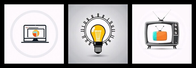 Leinwandbilder - Three circular icons show a laptop displaying data, a lightbulb with gears for ideas, and a retro television for media.