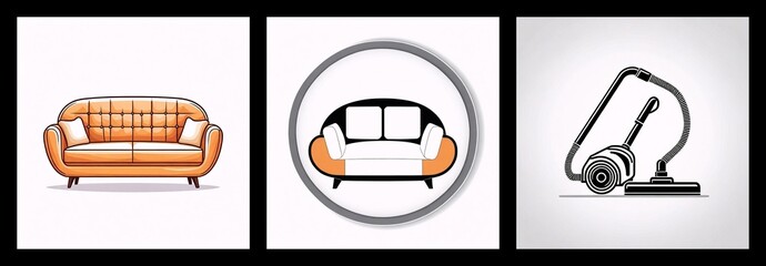 Poster - Three panels showcase furniture and cleaning. A comfy sofa is shown, then a sofa icon, and lastly a vacuum cleaner, all presented in a simple style.