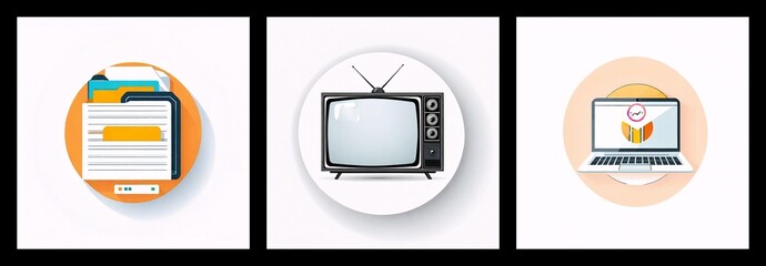 Fototapete - Three icons depict files, a vintage television, and a laptop, each presented in a circle. Representing data, media, and modern tech in a simple graphic style.