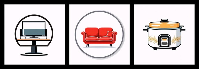 Poster - Three circle icons show a computer, red sofa, and rice cooker. Each item is centered within a white circle against a white background.