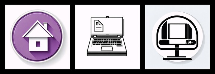 Poster - Three icons display a house in a purple circle, a laptop, and a desktop computer. They represent home, portable computing, and workstation concepts.