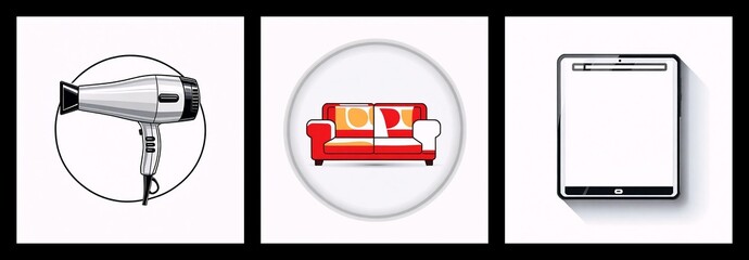 Poster - Three icons showcase a hair dryer for hair care, a red sofa for home furniture, and a tablet for modern technology. Representing common household and tech objects.