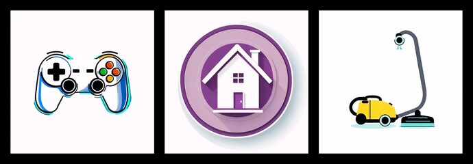 Poster - Three icons on white squares: a game controller, a house in a purple circle, and a yellow vacuum cleaner for different activities.