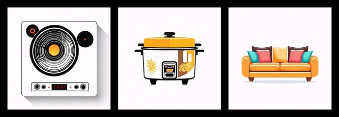Poster - White speaker, yellow rice cooker, and orange sofa with pillows are shown in three separate squares against a white background.