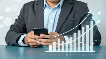Aufkleber - Person in suit using smartphone with overlaid financial graph showing upward trending market data