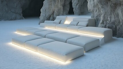 Poster - Modern white seating arranged in a cavern like architectural space