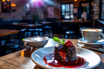 Aufkleber - Indulgent chocolate dessert topped with strawberry and mint served on a plate with coffee in a cozy cafe setting. Warm sunlight.