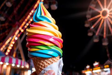 Aufkleber - A vibrant swirl of rainbow ice cream in a cone, held against the backdrop of a brightly lit Ferris wheel at night. Fun fair treat.