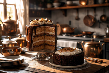 Poster - A delectable layered cake with rich chocolate frosting and creamy swirls sits in a warm, inviting kitchen setting with copper cookware and wooden textures.