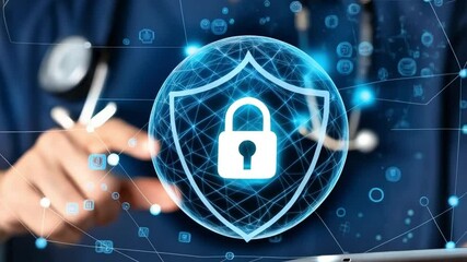 Poster - A doctor holding a tablet with a digital shield and padlock overlay for data protection concept image