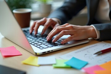 Poster - Detailed shot of a person's hands typing on a laptop keyboard, surrounded by colorful sticky notes and a cup of coffee on the desk.