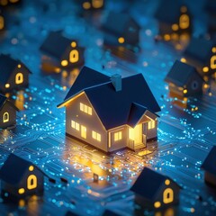Poster - A glowing house surrounded by cybersecurity locks, representing digital home security.