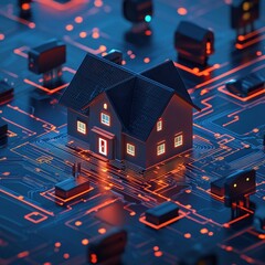 Poster - A glowing house surrounded by cybersecurity locks, representing digital home security.