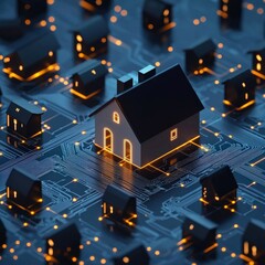 Poster - A glowing house surrounded by cybersecurity locks, representing digital home security.