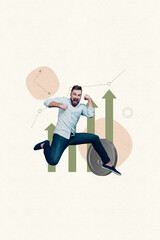 Poster - Template collage poster of young guy jump raise with win fists near money coin finance charts