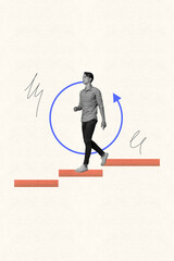 Poster - Creative picture collage of young man walking on three stairs on pastel background with circle arrow