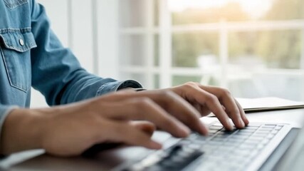 Poster - Person typing on laptop with document icons floating above the keyboard on a white surface area