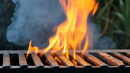 Wall Mural - A grill with a fire burning on it. The fire is orange and the grill is black