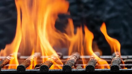Wall Mural - A grill with a lot of fire on it. The fire is orange and yellow. The grill is on a black background