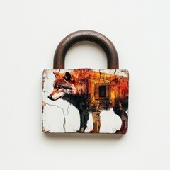 Aufkleber - Artistic Padlock Featuring Wolf Illustration and Grunge Texture for Creative Projects