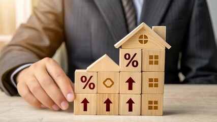 Aufkleber - Man in suit arranging wooden blocks with percentage sign and house shape on a light colored surface