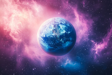 Poster - A stunning depiction of Earth surrounded by a colorful cosmic nebula, showcasing the beauty of our planet in space.