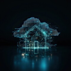 Poster - A house-shaped cloud in a futuristic digital landscape.