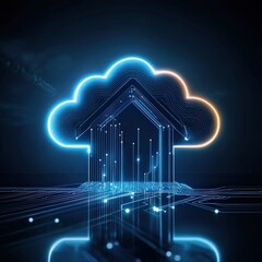 Poster - A house-shaped cloud in a futuristic digital landscape.