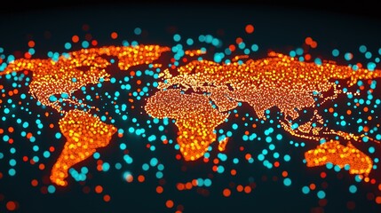 Leinwandbilder - Colorful Abstract World Map with Blue and Orange Dots on Dark Background for Design Projects