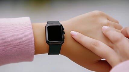 Woman using smartwatch with blank screen for copy space