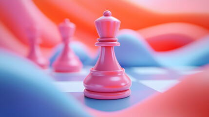 Poster - Pink Chess Queen on Abstract Blue and Orange Background