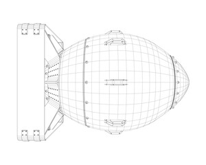Poster - A bomb is shown in a black and white drawing. The bomb is large and has a pointed nose. The drawing is of a futuristic design, with a metallic look. The bomb is positioned in the center of the image