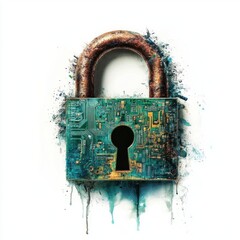 Poster - Rusty Padlock with Circuit Board Design and Paint Splashes on White Background