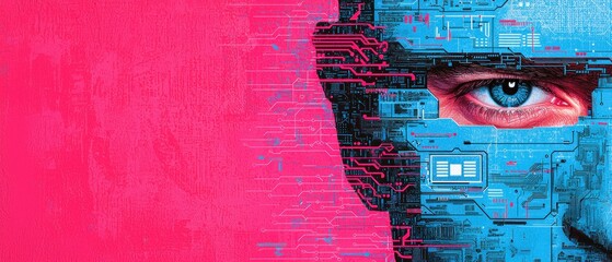 Poster - Futuristic Human Face Hybrid with Technology Elements and Vibrant Background