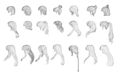 Poster - A series of drawings of different hairstyles. The drawings are all in black and white. The drawings are of various styles, including a ponytail, a bun, and a bob