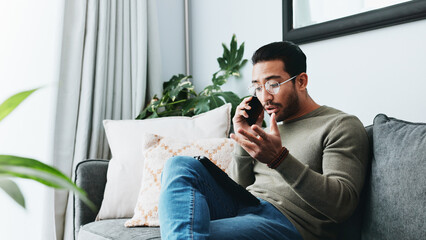 Poster - Phone call, conversation and upset man on sofa in home for talking, networking and chat with bad news. Living room, stress and person on smartphone for communication, online contact and connection