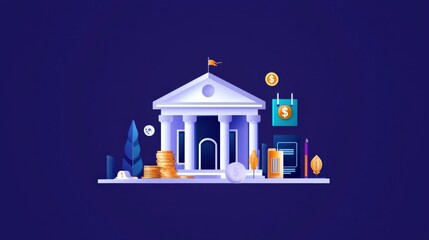 Poster - A modern flat design illustration of financial planning with digital banking elements.