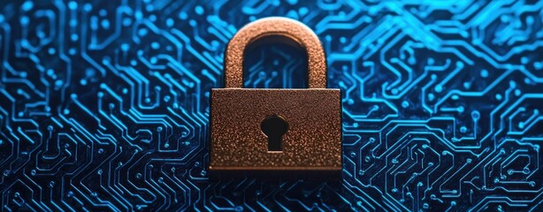 Poster - Brown Padlock on Blue Circuit Board Background Representing Cybersecurity and Data Protection