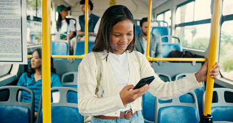 Poster - Bus, teenager and girl with smartphone, travel and internet for social media, connection and commute. People, child and passenger with cellphone, communication and digital app with network or message