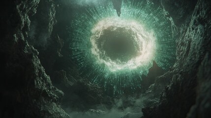 Poster - Mysterious portal surrounded by rocky formations and digital elements at twilight