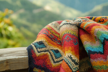 Poster - Colorful woven textile draped on wooden railing with a blurred mountain backdrop.