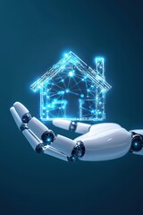Poster - A robotic hand presenting a futuristic housing loan contract.